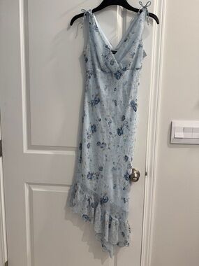 Rampage Light Blue Floral Asymmetrical Midi Dress